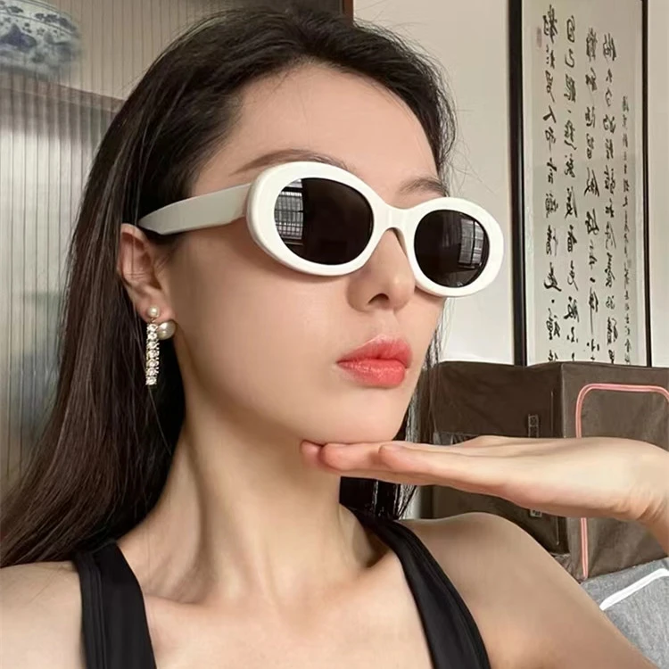 小红书同款复古椭圆白色墨镜2023新款潮女防紫外线高级感太阳眼镜