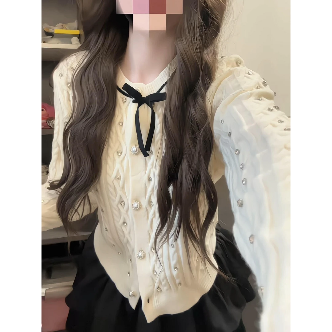 【钻影流光】早秋新款甜美风烫钻蝴蝶结针织开衫上衣配高腰半身裙女