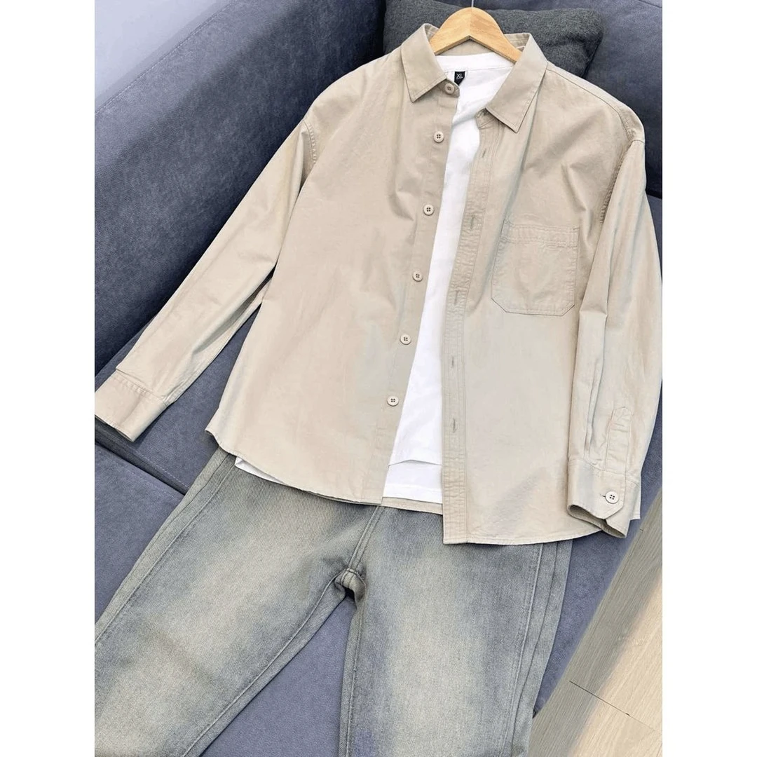 卡其色工装衬衫男款春秋高级感长袖叠穿棉质衬衣cleanfit情侣外套