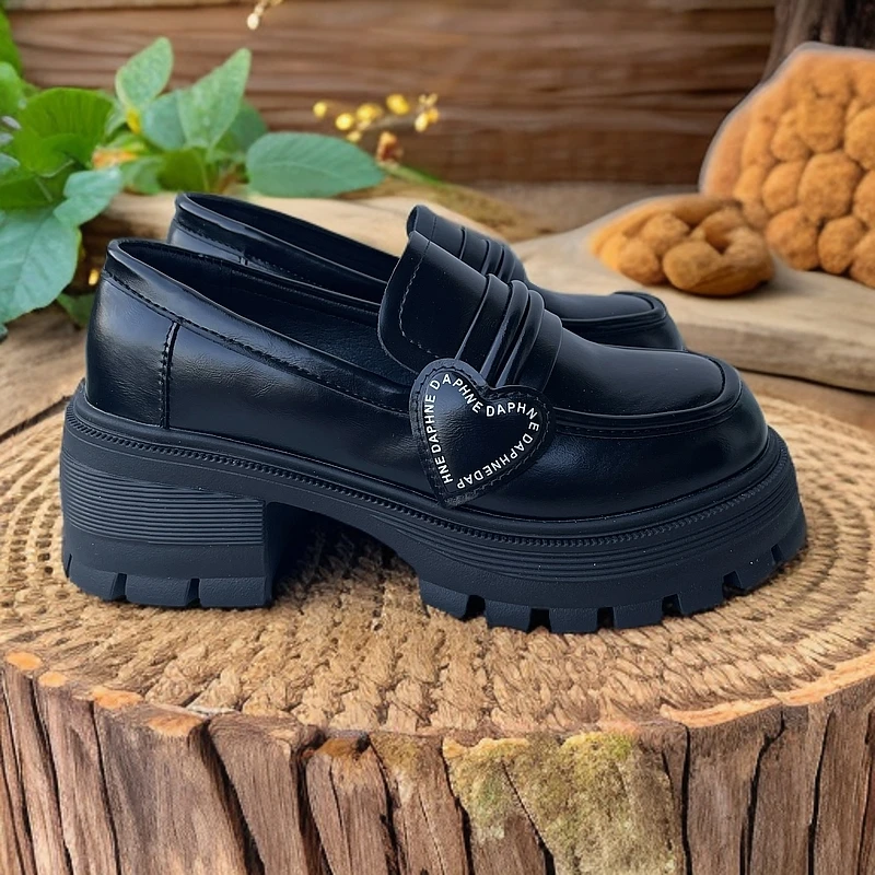 高跟乐福鞋女秋季新款厚底粗跟黑色英伦风小皮鞋春秋休闲百搭