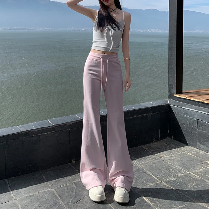 灵貂粉色欧若风休闲喇叭裤女2025新款辣妹高腰显瘦垂感拖地裤子