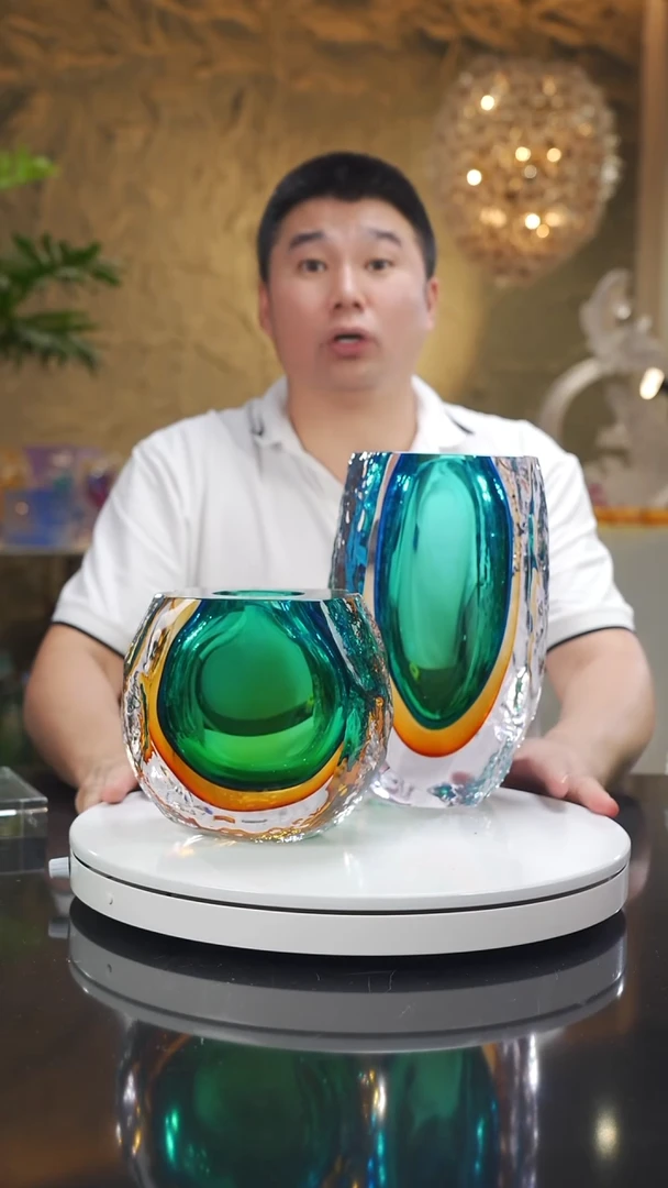 琉璃手工艺品福利琥珀蓝花瓶一对