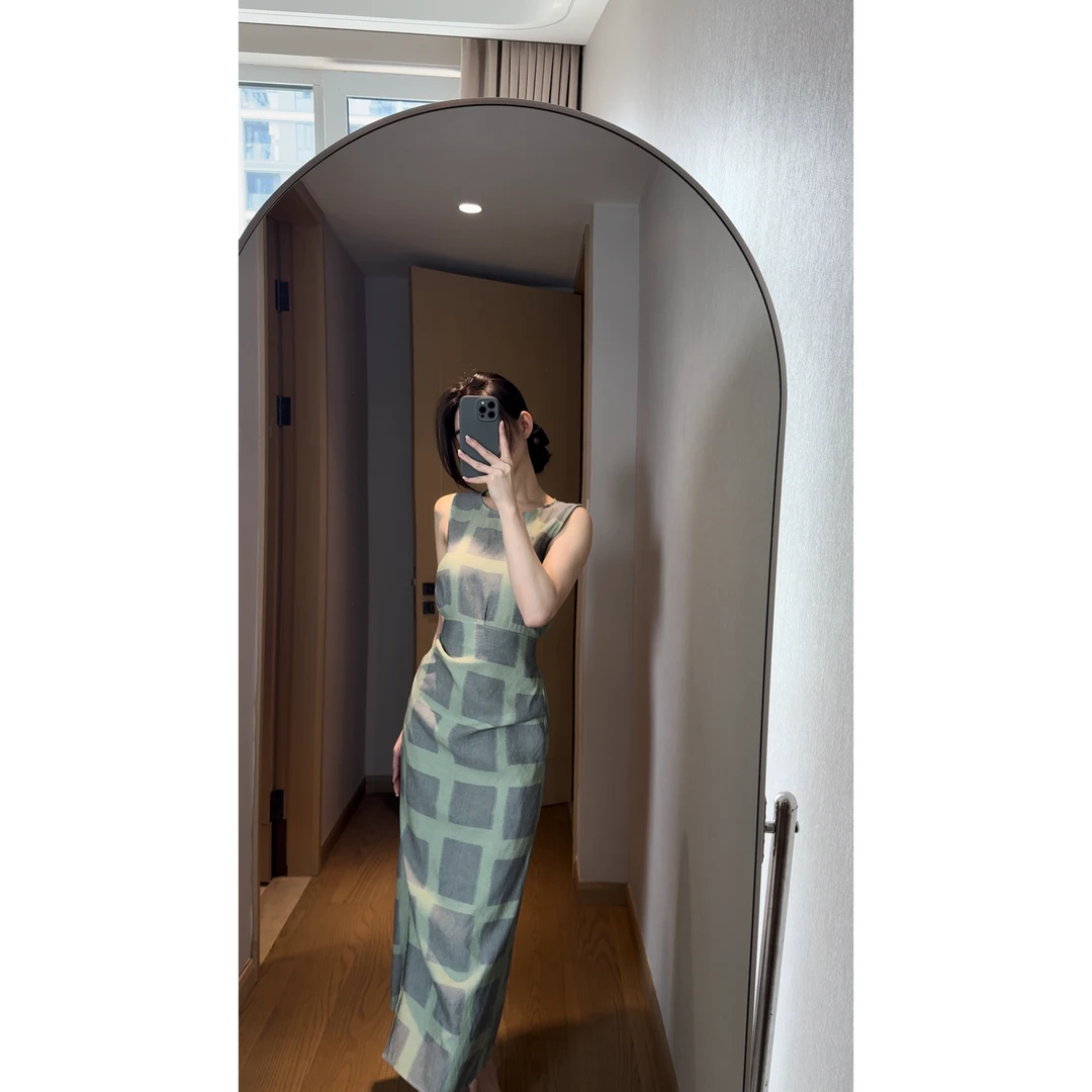 【只此青绿】亚麻天丝下半身一片式后开叉围裹绑带无袖长裙