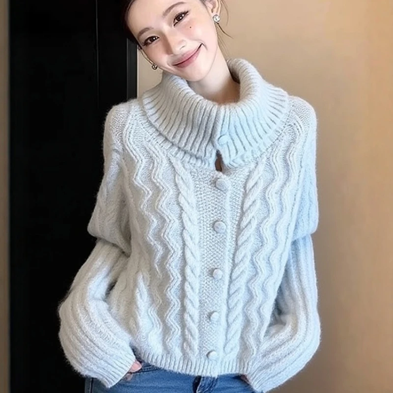 高领毛衣外套女2026秋冬新款宽松慵懒风翻领外穿上衣厚针织衫潮