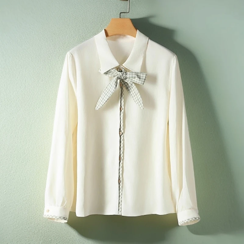 【妙】25春品牌折扣百搭简约领饰单排扣格子拼接衬衫上衣女士861