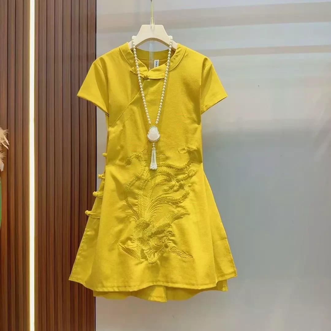 时尚新中式重工刺绣盘扣斜襟气质复古上衣短裤套装7217
