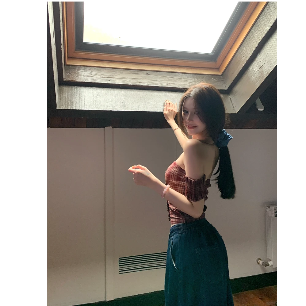 【曼哈顿格调】美式辣妹设计格纹抹胸上衣女百搭宽松休闲阔腿裤套装