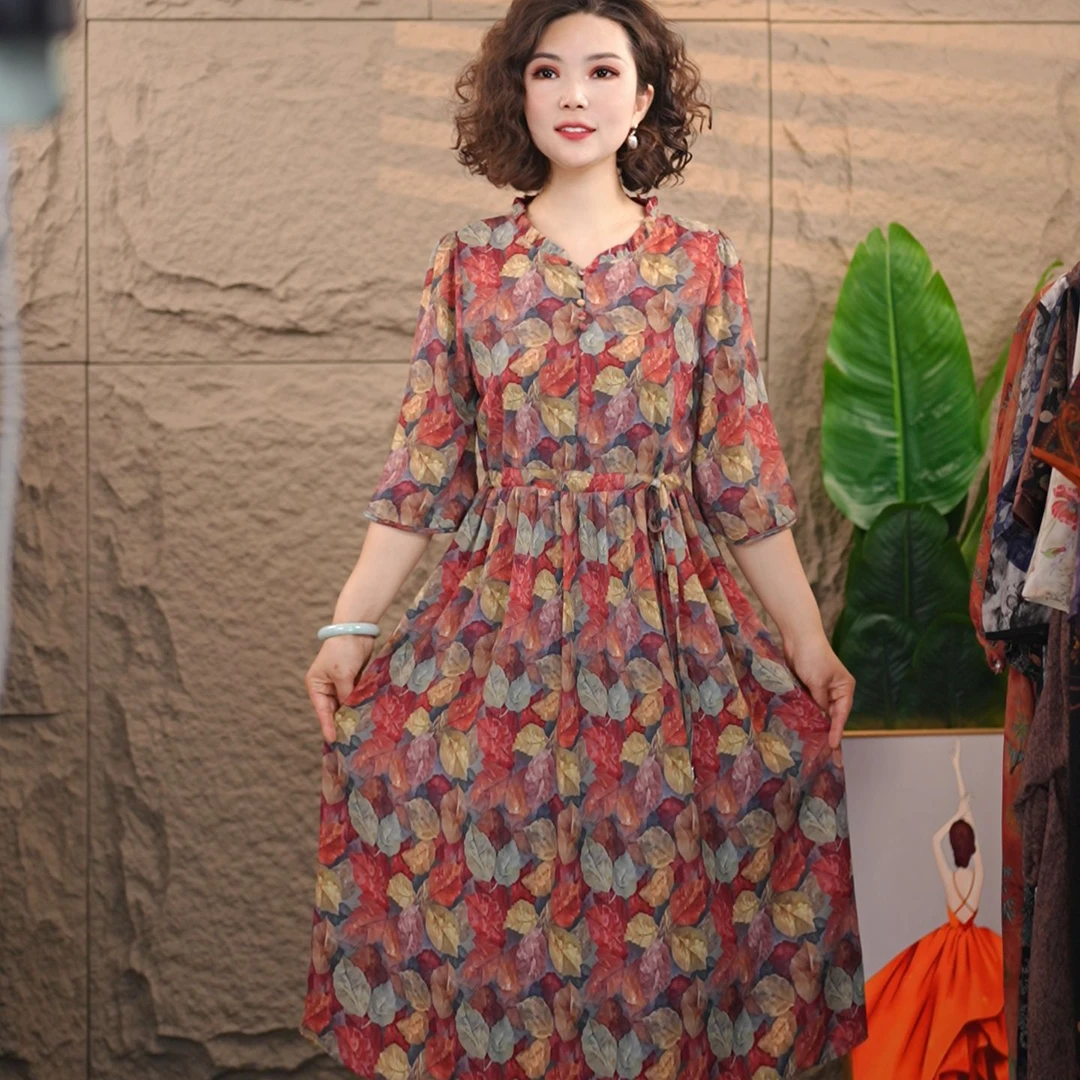 717夏季新款时尚气质显瘦女宽松连衣裙中长款收腰洋气妈妈装裙子