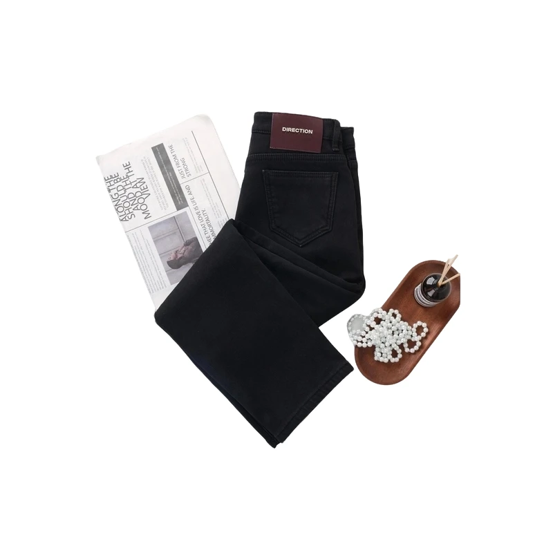 【UA】黑色加绒直筒裤牛仔裤女冬季高腰显瘦窄版烟管裤