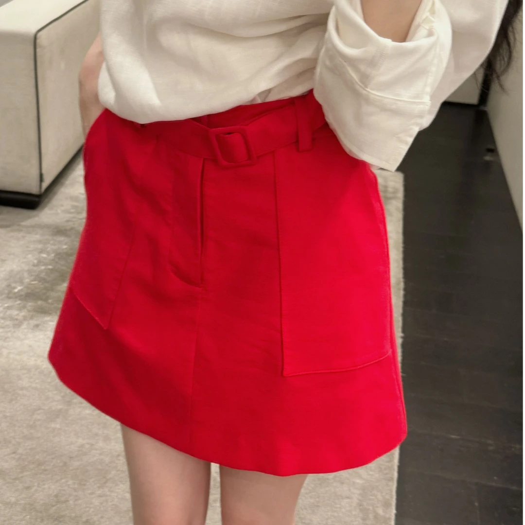 【秋水伊人】百搭高级显瘦红色A字半身裙高腰设计感亮色气质短裙