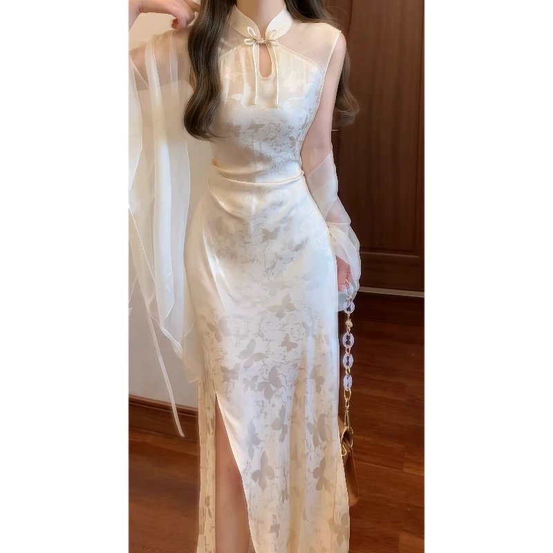 新中式国风绝美无袖挂脖改良旗袍连衣裙气质收腰订婚礼服长裙9429
