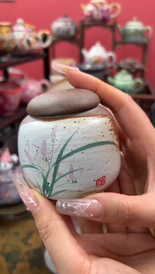 【闪购商品】虎井窑老陶泥手绘花卉茶叶罐
