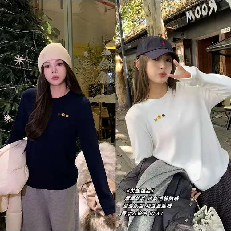 【现货秒发-NAZ微胖大码定制】加厚绒感百搭笑脸贴标打底T恤