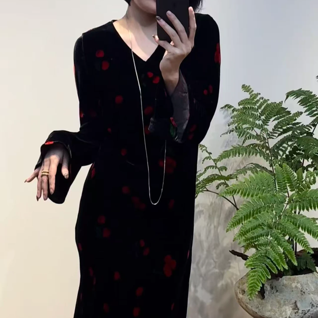 TANTAN 气质显瘦秋季V领真丝丝绒提花连衣裙2812