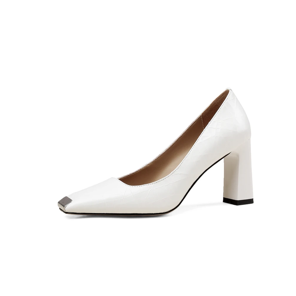 KFY【7cm】2024春季新款方头百搭气质真皮粗跟中跟单鞋女D304白