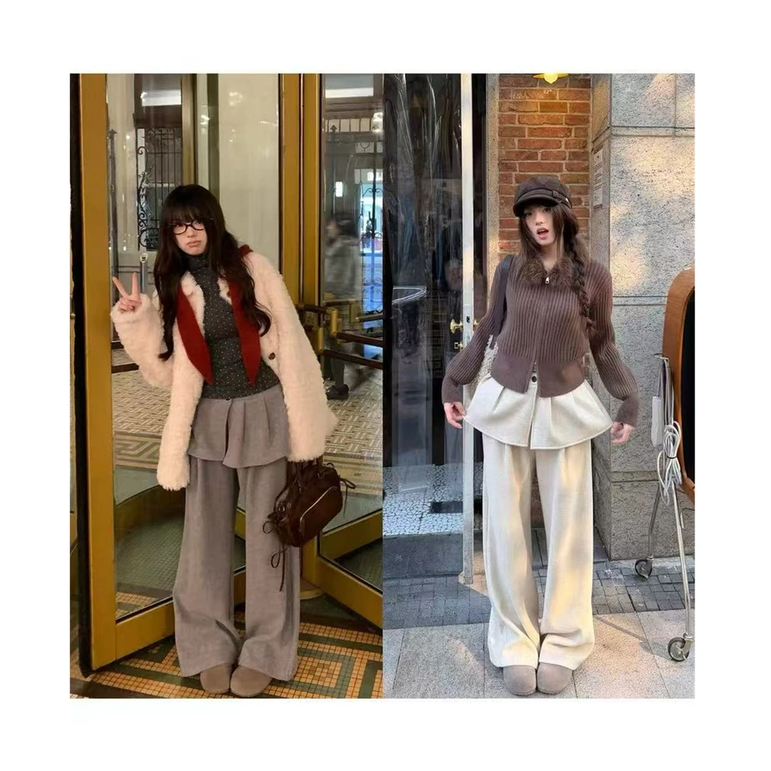 韩版设计感百搭小众垂感真两件直筒裤可拆卸裙帘休闲裤61979