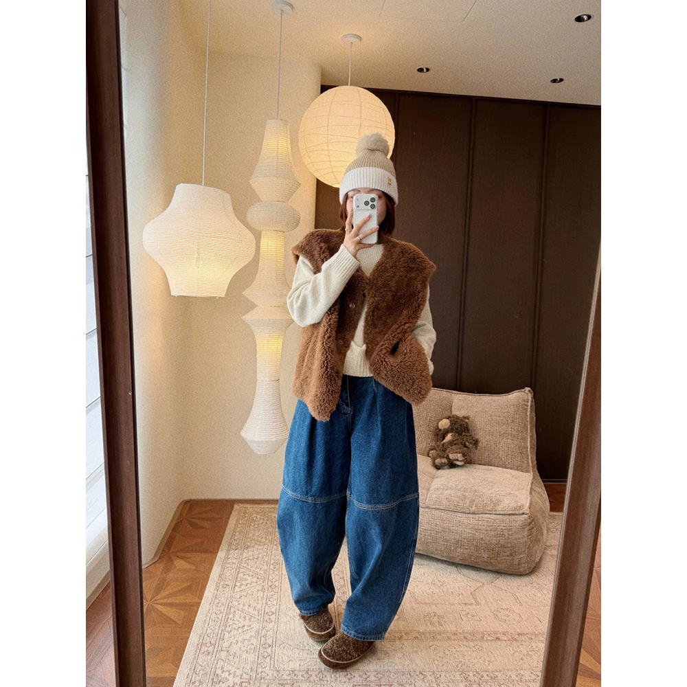 【唐悠悠】加厚高密重工砂洗蓝色牛仔裤女秋冬宽松阔腿裤休闲长裤