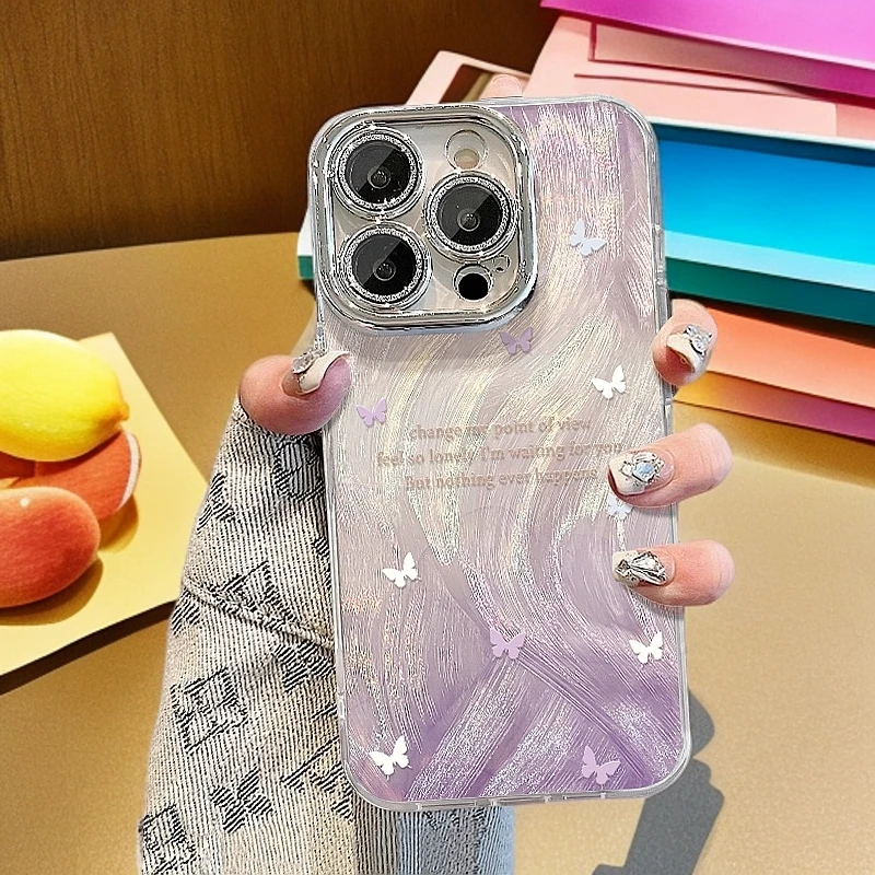 渐变紫蝴蝶适用苹果16promax华为oppo/vivo精孔羽纱支架手机壳套
