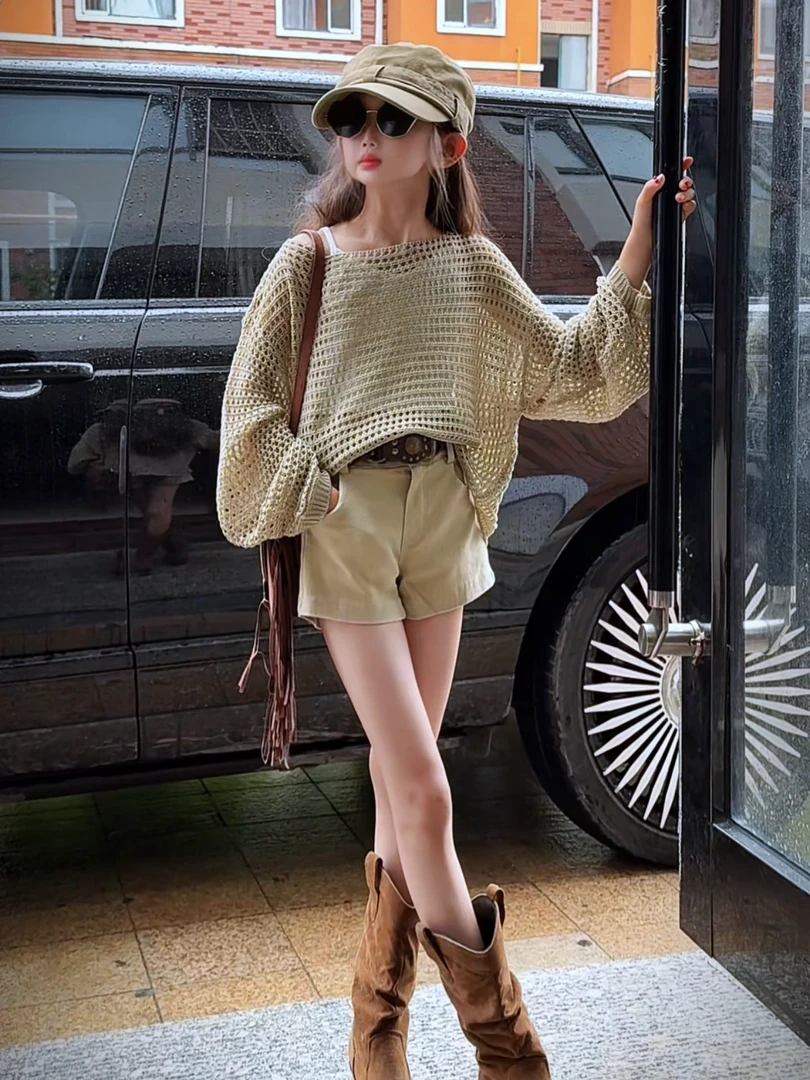 休闲镂空罩衫套装女童夏薄款宽松针织上衣休闲短裤套装