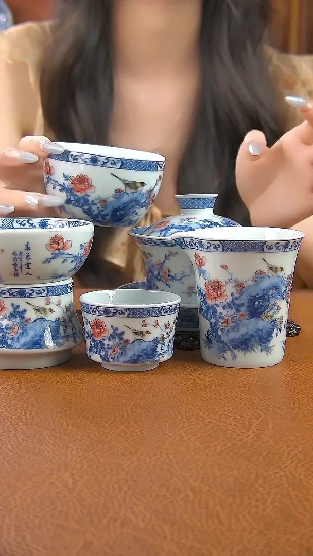 奉****琴景德镇手工青花花鸟三才盖碗五件套