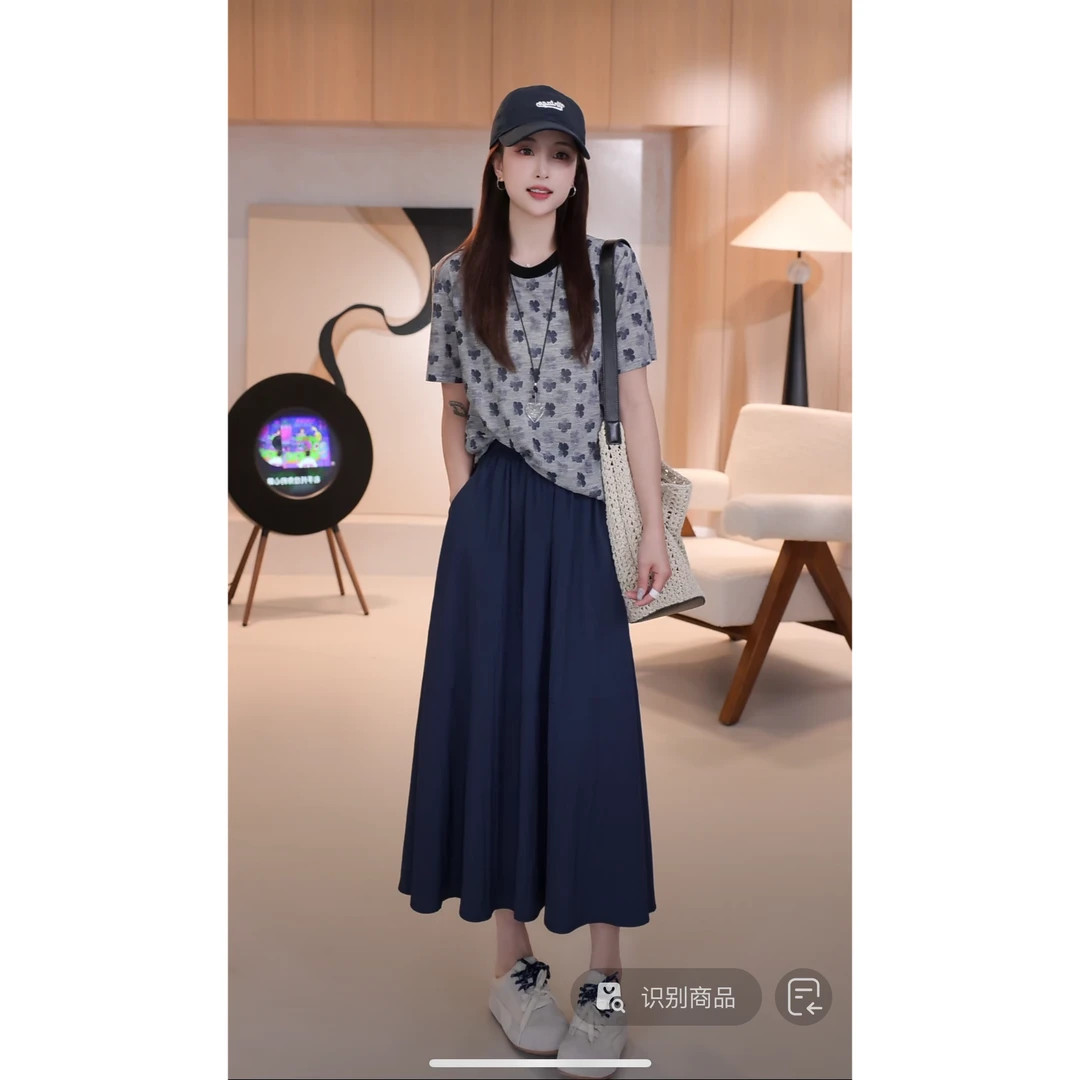 C04158减龄宽松小个子百搭撞色领渐变四叶草短袖T恤