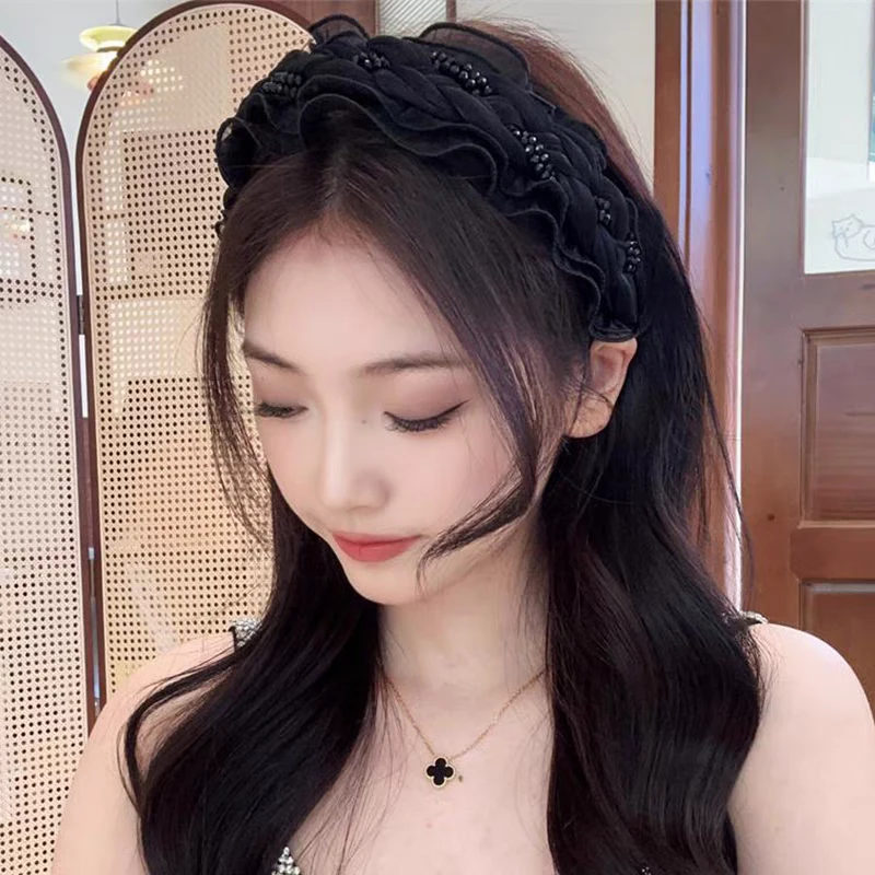 2024新款网红木耳边发箍高颅顶仿水晶气质发卡网纱百搭头箍头饰夏