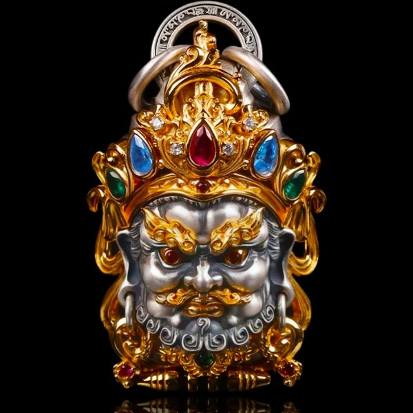 吊坠925银 黄财神项链财神爷吊坠珠宝镀金项链彩色原创设计可旋转