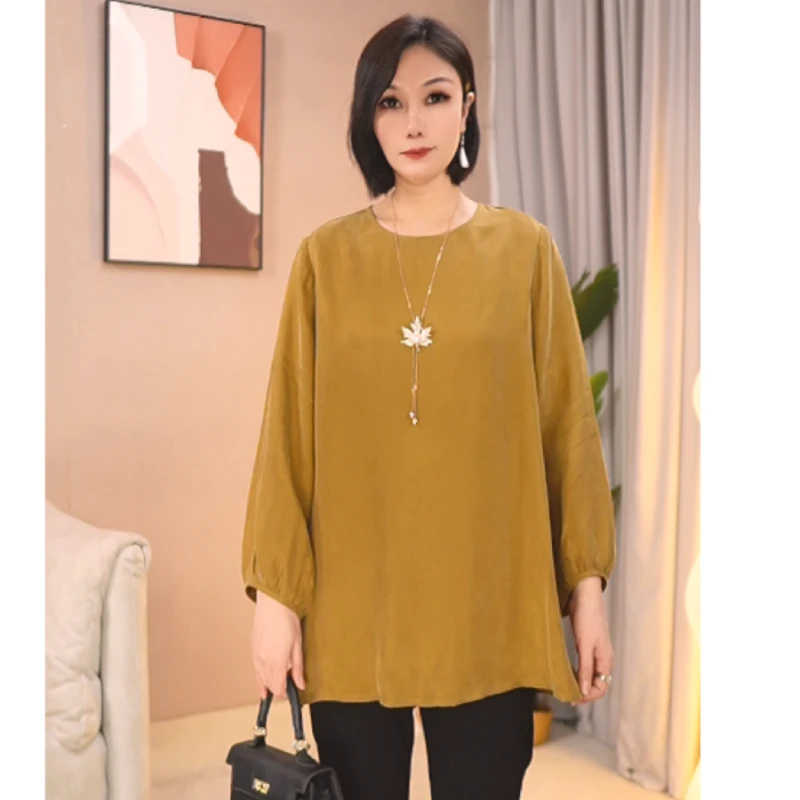 大码女装长袖T恤2025早春新款铜氨丝宽松圆领上衣中老年妈妈装