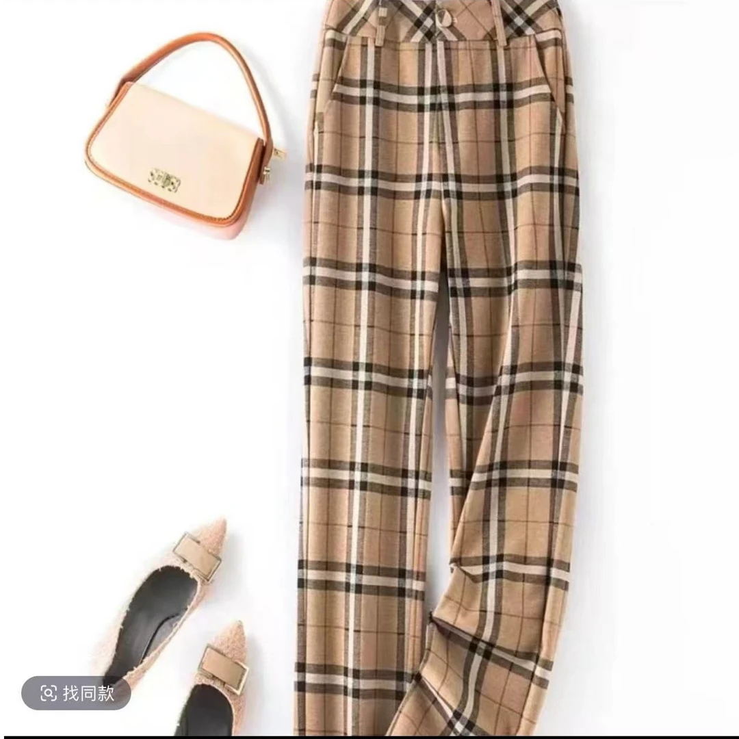 秋冬新款高腰休闲显瘦百搭窄版格子直筒裤2316