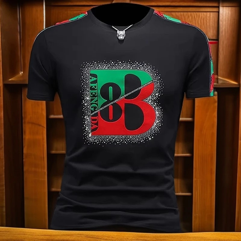 达咔特利烫钻印花短袖T恤男士圆领修身潮流春夏新款时尚体恤休闲