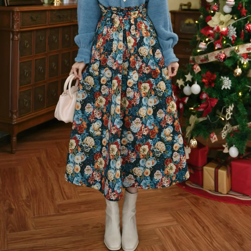 LIJIUJIU【初恋旋律】碎花显瘦高腰百搭法式复古半身裙Jw24120193