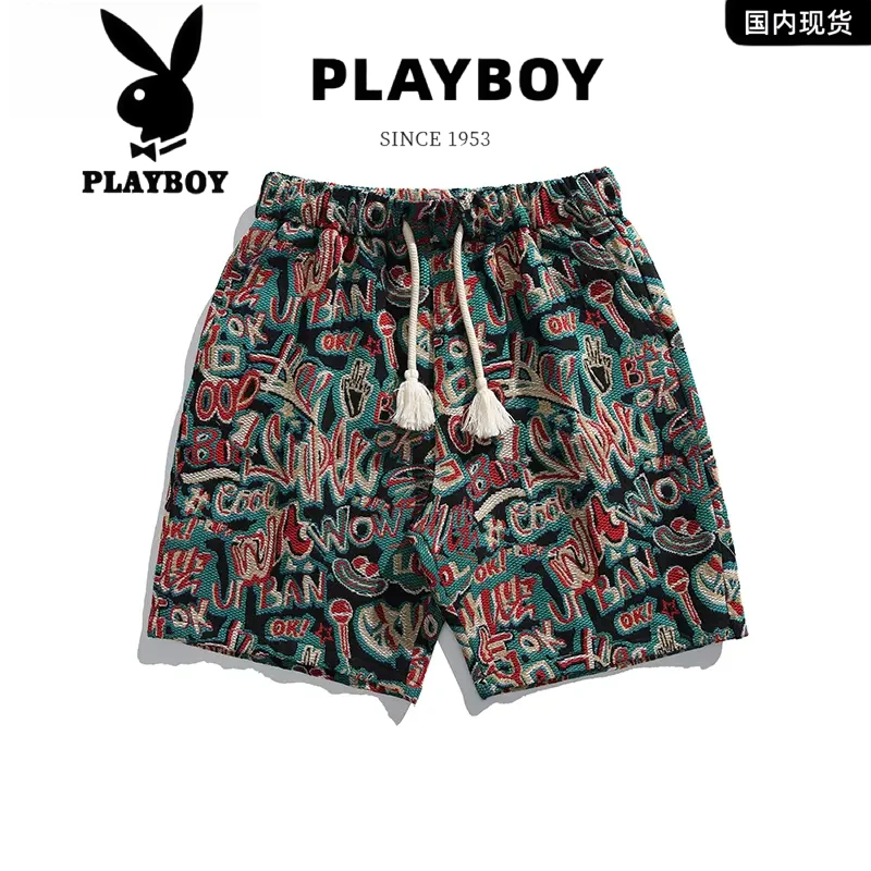 花花公子新中式提花重磅垂感宽松五分沙滩潮牌大裤衩休闲短裤男