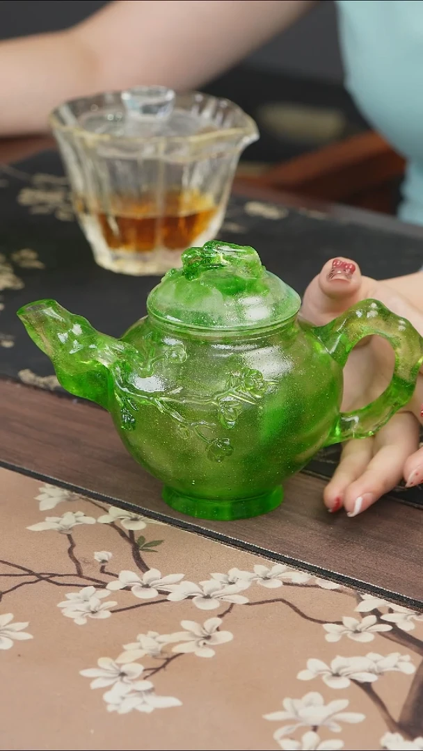 手工艺品琉璃绿色梅花侧把泡茶壶