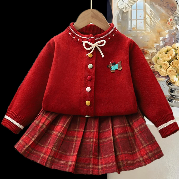 女童毛衣套装秋冬2025新款洋气小女孩小香风针织开衫儿童裙两件套