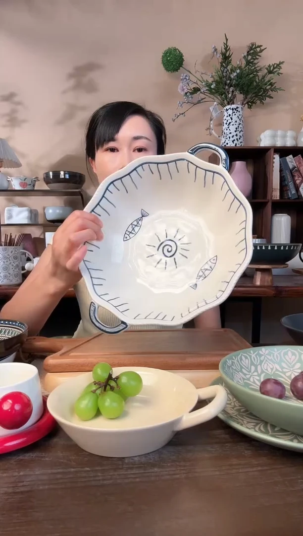 9.5英寸花边手绘双耳大汤碗微瑕