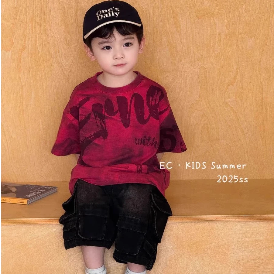 2025新款男童夏天短袖纯棉扎染t恤儿童夏季印花圆领宝宝上衣男孩
