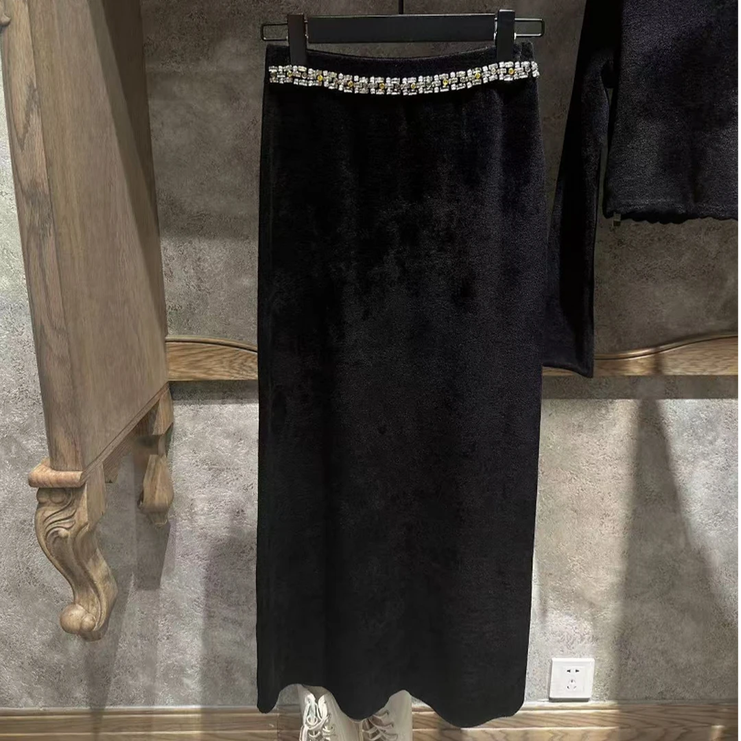 商场同款2025秋冬新款钉钻半身裙千金风高腰绵羊毛直筒长裙