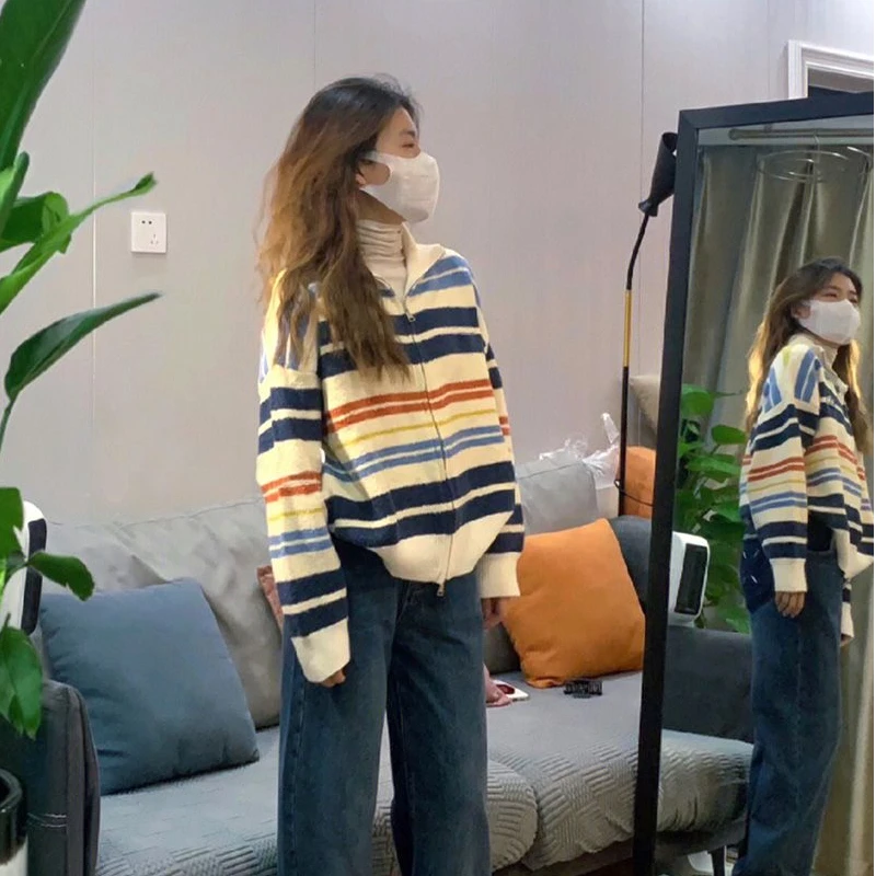 米粉纱POLO领针织衫毛衣气质上衣拉链开衫条纹慵懒风设计感外套潮