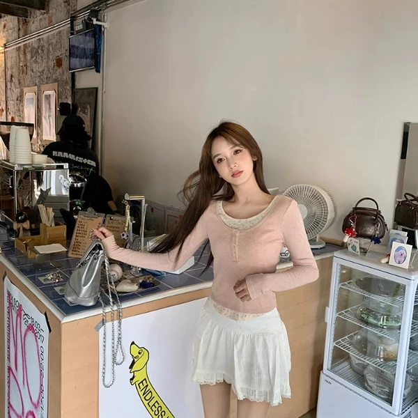 美蟹的店碎花粉色打底针织衫女秋冬季长袖修身假两件短款上衣