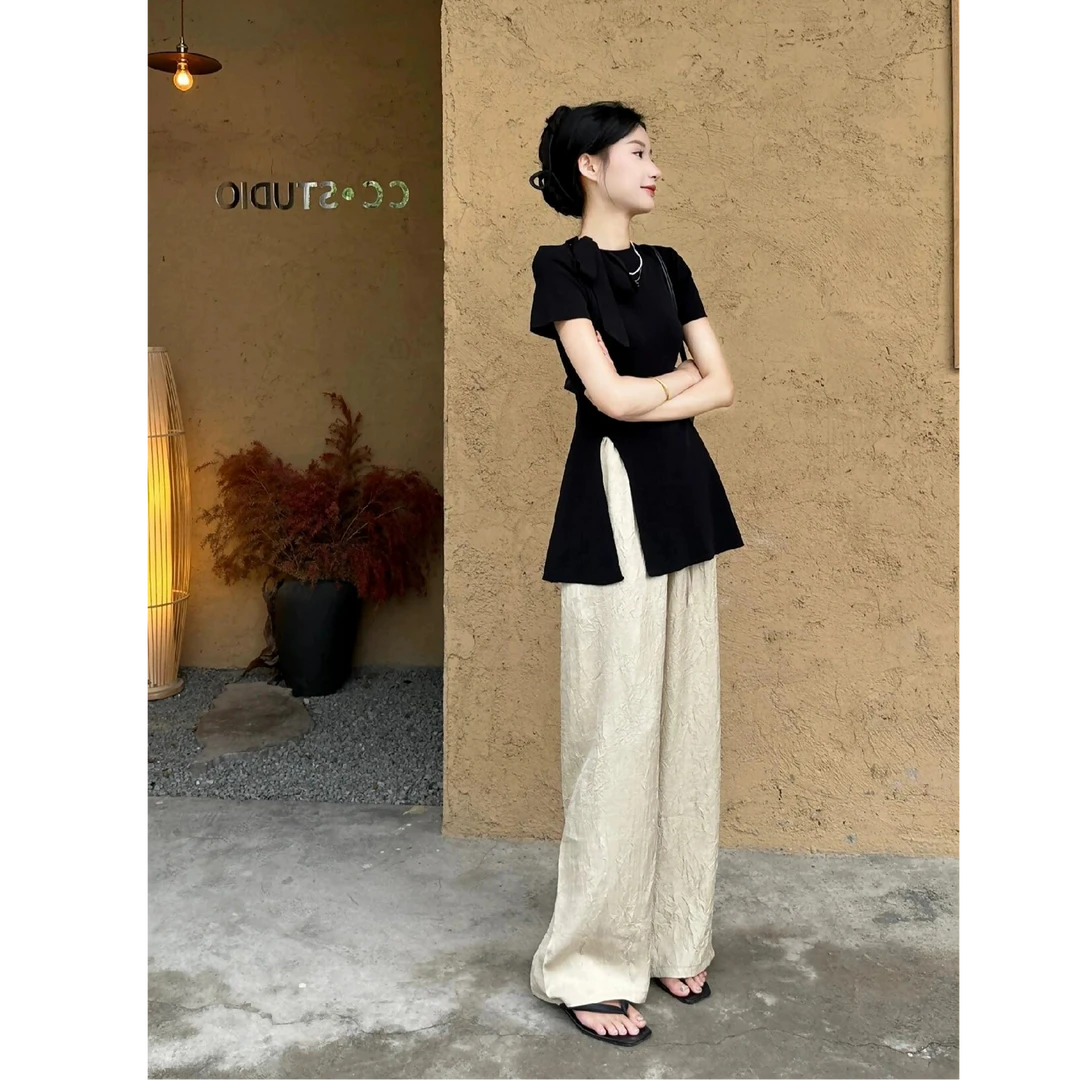 黑色蝴蝶结系带开叉针织背心阔腿裤两件套女夏薄款慵懒休闲裤套装