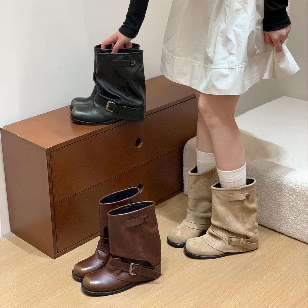 复古棕色马丁靴女鞋2025新款单靴粗跟显瘦配裙子裤管靴短靴子