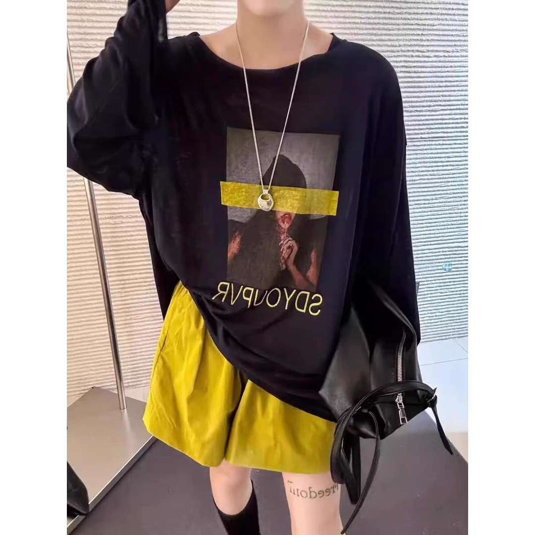 夏季莱赛尔天丝雪花棉韩系艺术人物印花宽松长袖T恤空调罩衫8300