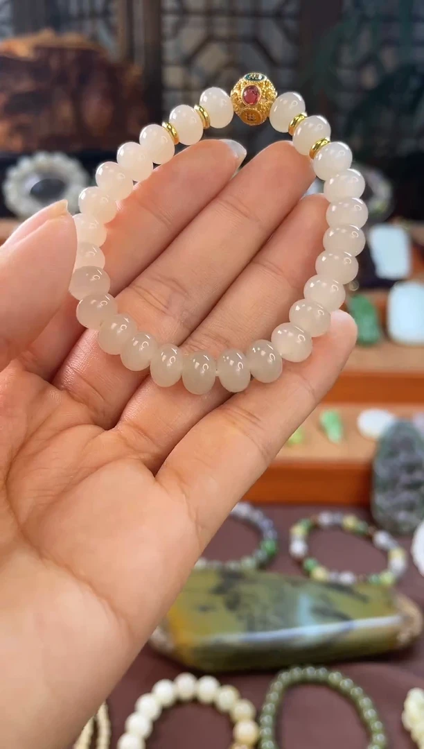 未镶嵌手串和田玉青海冰藕粉苹果珠手串带证书