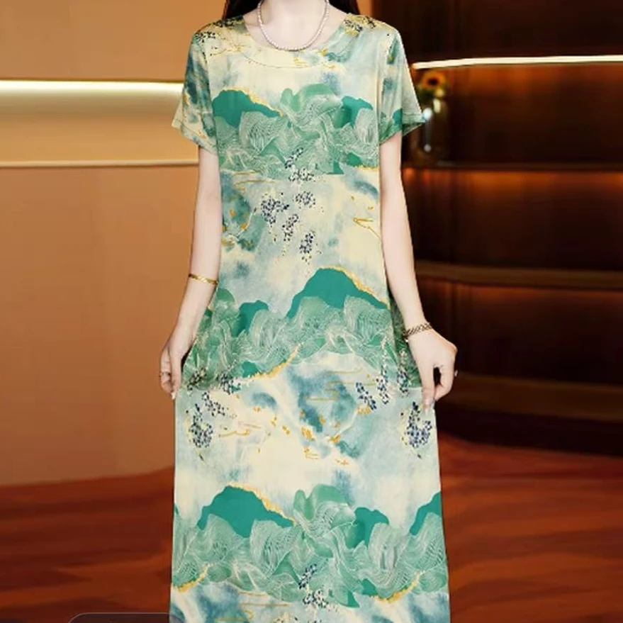 6080-【绿水青山】新款时尚印花遮肉显瘦连衣裙