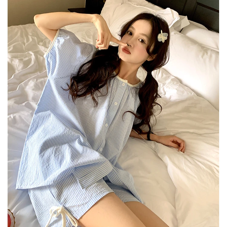 韩系少女简约条纹短袖睡衣女春夏季新款宽松透气可外穿家居服套装