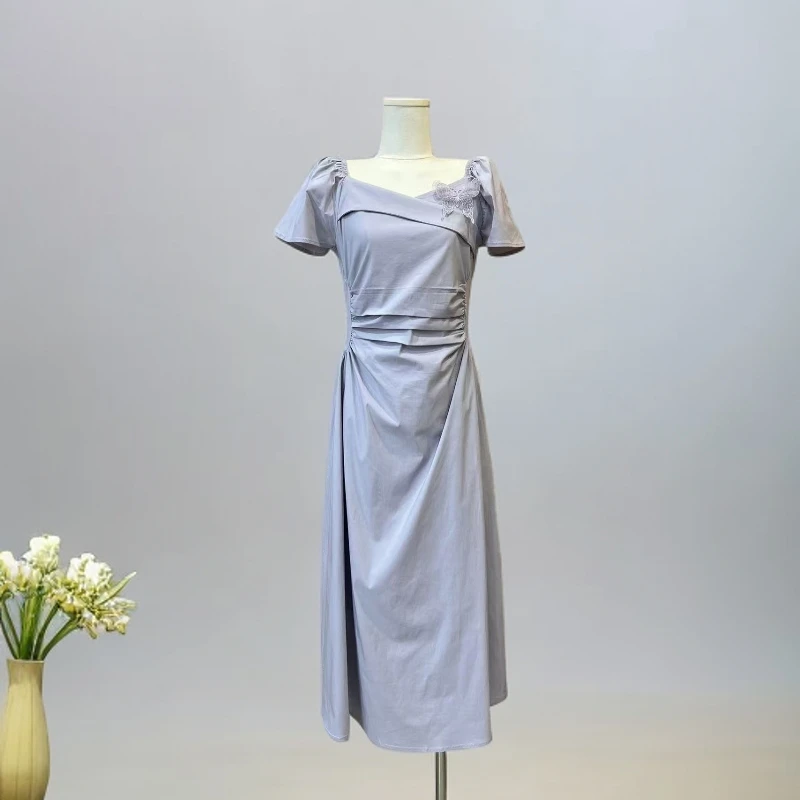 8859-3法式方领褶皱短袖连衣裙泡泡袖修身裙子