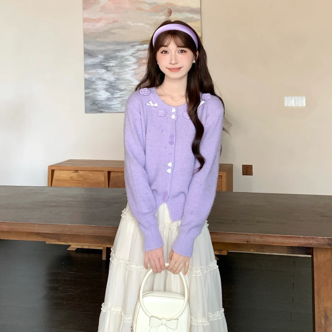 慕兔法式温柔甜蜜立体花朵长袖针织开衫女2025秋新款百搭显瘦上衣