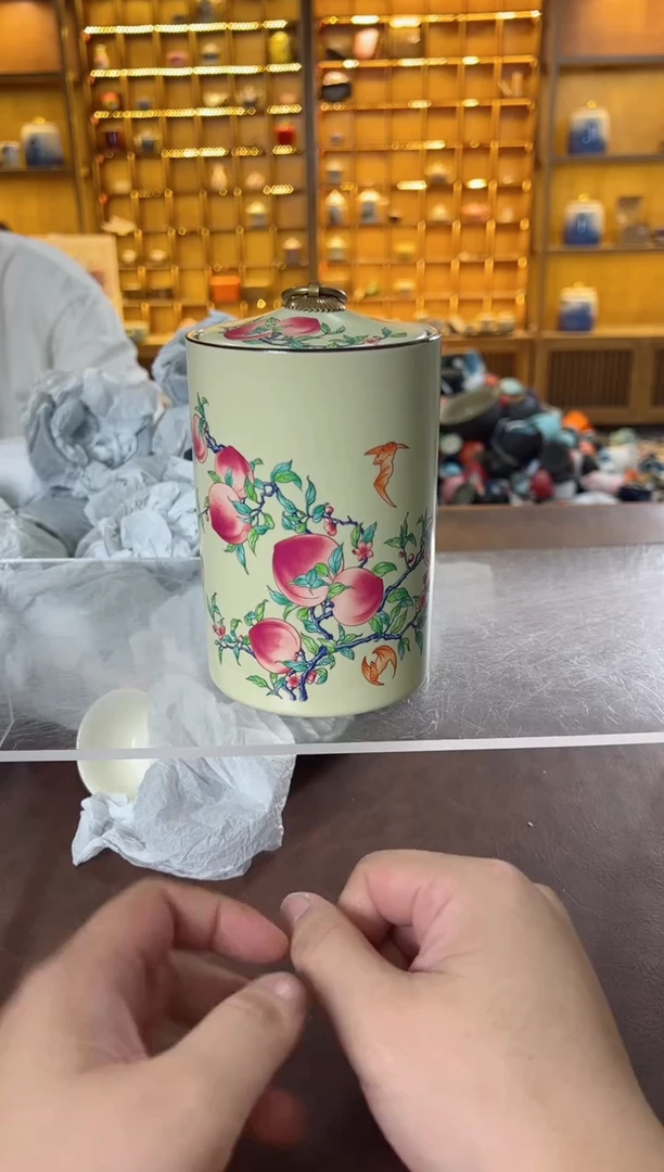 瓷片鸣盏居甄选阁11111九桃茶叶罐