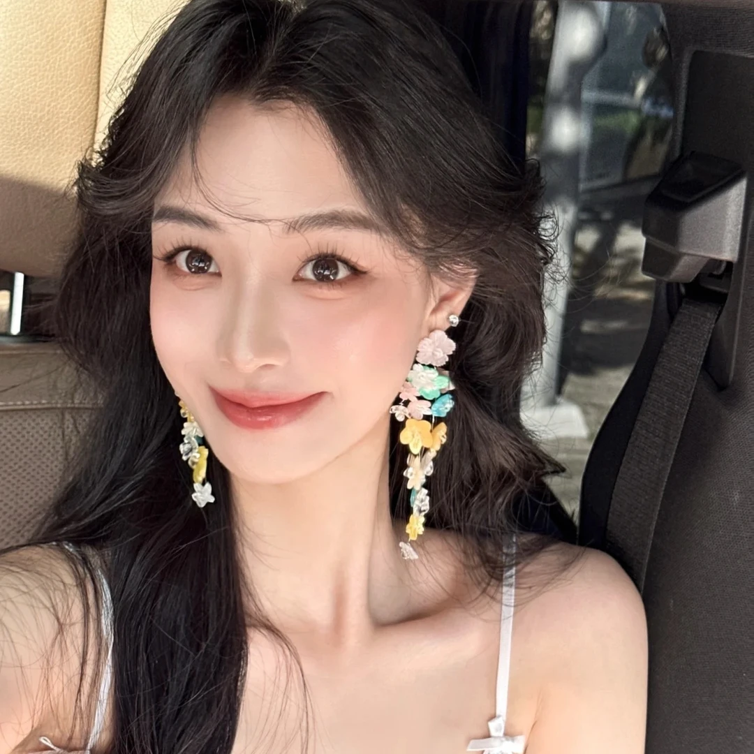 非金属树脂耳饰 夏季多巴胺彩色花朵流苏耳环长款海边度假风耳饰