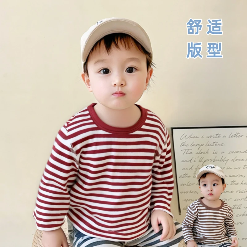 男女宝宝t恤无骨春秋条纹肩扣儿童男童长袖婴儿衣服新生儿打底衫